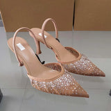 Uniwim 2024 Summer New Women's Sandals Water Diamond Bright Mesh High Heels Footwear Elegant Slingback Pointed Slip on Party Lady Shoes