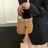 Uniwim Women Handmade Straw Woven Small Bucket Bag Fashion Crossbody Shoulder Bag Ladies Simple Design Handbag Summer Travel Beach Bag