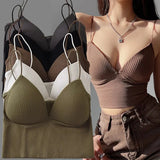 Uniwim Summer Ladies Camisole Slim Fit Sexy Stretch Push Up Bra with Chest Pads Knitted Crop Top Short Tube Top V-Neck Tops Bralette