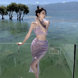 Uniwim-2024 New Summer Purple Sequin Set for Women Sexy Split Half-body Dress Beach Holiday Casual Elegant 2 Pieces Female Clothing