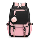 Uniwim Large School Package Teenage Girls USB Port Canvas Schoolbag Student Book Bag Fashion Black Pink Teen School Backpack