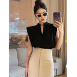 Uniwim Women Blouses V-neck Korean Style Elegant Chic White Sleeveless Shirts Black Crop Tops Office Style Old Money Aesthetic