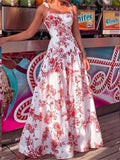 Uniwim Long Dresses For Women Flower Printed Spaghetti Strap High Waist Large Skirt Hem Ladies Maxi Dress 2023 Summer Boho Beach Party