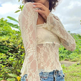 Uniwim Floral Lace Mesh Sheer 2 Piece Set Long Sleeve Shrug T-shirt Strapless Tube Top Fairy Coquette Y2K Vintage Crop Tops Women