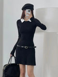 Uniwim Korean Fashion Knitted Short Dresses for Women Autumn New Patchwork Long Sleeve Pleated A-line Y2K Sexy Party Dress with Belt