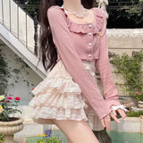 Uniwim Kawaii Cute Ruffle Skirt Women Pink Lolita High Waist Lace Patchwork Fairycore Mesh A-line Mini Skirt Summer Mori Girl