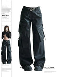 Uniwim Women's Black Gothic Leather Pants Y2k Emo 2000s Streetwear Vintage Oversize High Waist Trouser Harajuku Cargo Pants 90s Clothes