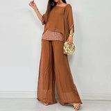 Uniwim Spring Splicing Sequin Chiffon Set Women Casual Round Neck Top Pullover & Wide Leg Pants Suit Summer Batwing Sleeve Loose Outfit