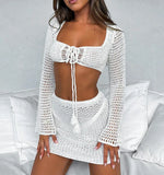 Uniwim Women's Sexy Holiday Knittd Bikini Cover Up Sets Beach Hollow Out Crocheted Top + Skirt Sexy Lady See Through Beach Set