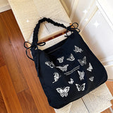 Uniwim Fashion Canvas Butterfly Print Crossbody Bag Retro Fairy Casual Shoulder Bag Korean Style Large Capacity All-match Commuter Bag