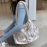 Uniwim  Y2k White Shoulder Bag for Women Pleated Soft Autumn 2023 New Trendy Tote Bag Multi-pocketed Large Capacity Handbag Sac