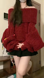 Uniwim Women Red Pullover Knitted Sweater Harajuku Y2k Long Sleeves Slash Neck Sweater Jumper Vintage 2000s Aesthetic Clothes 2024