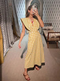 Uniwim Women V Neck Plaid Print Maxi Dress Fashion Fly Sleeve High Waist Big Hem Slim Long Dresses Summer New Lady Holiday Vestidos