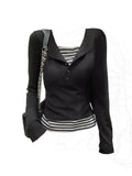 New Design Fashion T-Shirts Women Square Collar Fake Two Pieces Striped Top Long Sleeve Slim Casual Tees American Retro Y2K