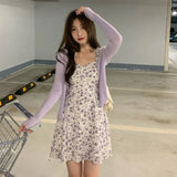 Uniwim Summer Purple Two-piece Sets Dress for Women Floral Slip Mini Dress+Sunscreen Shawl Cardigan Woman 2024 New Sundress