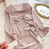 Uniwim Women Sexy Nightwear Long Sleeve 2Piece Set Lace Collar Home Clothes Satin Sleepwear Princess Style Pyjamas Outfit Top&pants