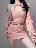 Uniwim Autumn Pink Knitted Suits Office Lady Casual Y2k Crop Tops + Mini Dress Korea Fashion Clothing Even Party 2 Piece Dress Set