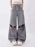 QWEEK Streetwear Cargo Pants Women Y2k Baggy Techwear Wide Leg Trousers Sexy High Waisted Hollow Out Gray Black Pantalones Mujer