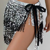 Sexy Sequins Tassel Dancewear Mini Skirt Women Clothes Jupe Femme Belly Dance Skirts Ladies Faldas Performance Stage Bottom Saia