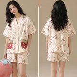 Uniwim Sleepwear M-2XL 100% Cotton Trousers Sets Cartoon Print V Neck Sleepwear Summer Thin Short Sleeve Pajama Casual Comfortable Pijama Mujer