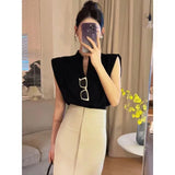 Uniwim Women Blouses V-neck Korean Style Elegant Chic White Sleeveless Shirts Black Crop Tops Office Style Old Money Aesthetic