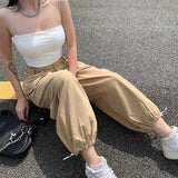 QWEEK Baggy Jogger Pants Women Khaki High Waist Japanese Vintage Cargo Pants Streetwear Fashion Loose Casual Drawstring Jeans