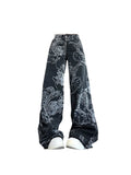 Uniwim Women Black Gothic Dragon Print Jeans Baggy Vintage Aesthetic Cowboy Pants Harajuku Denim Trousers Y2k Trashy 2000s Clothes 2024