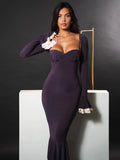 Uniwim Elegant Long Sleeve Sexy Maxi Dress For Women Gown Fashion Patchwork Square Collar Bodycon Evening Fishtail Dress