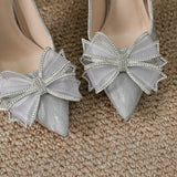 Uniwim Autumn/Winter New Thin Heel Pointed Head Shallow Mouth Silver Sexy Wedding Shoes High Heels Fairy Style Bow Office Single Shoes