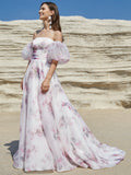 Uniwim Elegant Pink Floral Wedding Dresses 2024 for Women Lace up Back with Puffy Sleeves Ball Gown Ivory Garden Organza Bridal Gowns