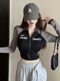 Punk Style Shirt Women Stitched Crop Top Zip Up Skinny Long Sleeve T-shirts Women Streetwear Casual Slim Fit Tee Y2k Top 2024