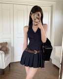 Uniwim Striped Mini Women Pleated Dresses Sexy Backless Chic One Piece Short Dress Sleeveless Streetwear Y2k Hotsweet Dress