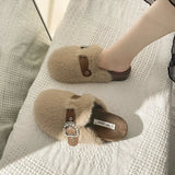 Uniwim New 2024 Winter Warm Plush Slippers for Women Closed Toe Faux Fur Cotton Shoes Woman Fashion Buckle Lightweight Flat Mules Shoes