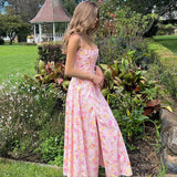 Uniwim Fishbone Corset Side Split Aline Long Dresses Ladies Elegant Flower Pink Princess Dress Summer Resort Wear N15-EF37