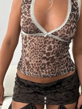 Uniwim  Lace Panel Bow Leopard Tank Top Women Sheer Mesh Slim Versatile Low Cut Crop Vest Hottie Y2K Summer Camisole Streetwear