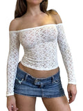 Uniwim Y2k Sexy Lace Off Shoulder T-Shirt Long Sleeve Bodycon Cropped Tee Tops Solid Slim Shirt Blouse 2000s Aesthetic Tops