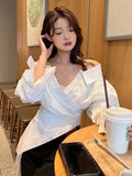 Uniwim Korean Fashion White Shirt For Women V Neck Long Sleeve Off Shoulder Patchwork Buttons Shirts Female Spring Clothes