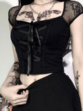 Uniwim Vintage Tops Goth T-shirt Women Bodycon Bandage Lace Black T-shirts Gothic Streetwear Sexy Female Top Casual Mesh Tee