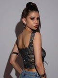 Uniwim Y2K Square Collar Glitter Crop Top for Women Night Club Party Sexy See-through Tank Tops Sides Lace-up Backless Short Vest