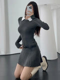 Uniwim Korean Fashion Knitted Short Dresses for Women Autumn New Patchwork Long Sleeve Pleated A-line Y2K Sexy Party Dress with Belt