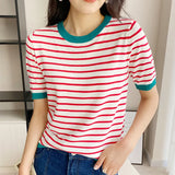 Short Sleeve T-shirts Women Striped Basic Chic Simple All-match Harajuku Retro Cotton O-neck Trendy Loose Leisure Cozy Womens