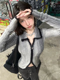 Uniwim Y2K Grunge Gray Cropped Cardigan Women Harajuku Vintage Gradient Knitted Sweater Sexy Slim Autumn Winter Jumper 2000s