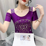 Runway Fashion European Women's Clothes Sexy Off Shoulder Letter Shiny Diamonds T-Shirts Luxury Brand Mesh Tees Tops Blouse