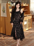 Uniwim Sexy Elegant Floral Fairy Strap Dress Women Lace Design Korean Slim Party Dress Female 2024 Autumn Black Causal Sweet Midi Dress