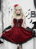 Uniwim  Christmas Gothic Red Dress Women Y2k E-girl Aesthetic Hotsweet Lace Patchwork Spaghetti Strap High Waist Velvet Dress