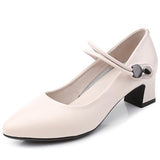 Uniwim   High-quality Cowhide Pointed Shallow Mouth Women Pumps Thick Heel Shoes Work Office Banquet Leather Shoes Large Size