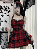 Uniwim Gothic Red Plaid Dress Women Streetwear Harajuku Emo Alt Lace Patchwork Bandage Corset Dress Y2k Cute Lolita Dress