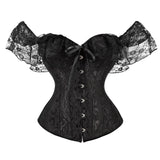 Uniwim Women's Y2K Vintage Halloween Lace Patchwork Ruffled Short Sleeve Corset Bow Tied Button-down Shapewear Slim Fit Tops