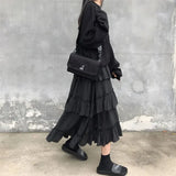 Uniwim Black Long Skirts Women Gothic High Low Ruched Ruffle High Waist Asymmetrical Midi Skirt Korean Fashion Fairy Grunge