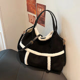 Uniwim Suede Fabric Patchwork Lamb Wool Retro Tote Bag And Quadrate Crossbody Bag Women's Winter New Casual Large Capacity Commuter Bag